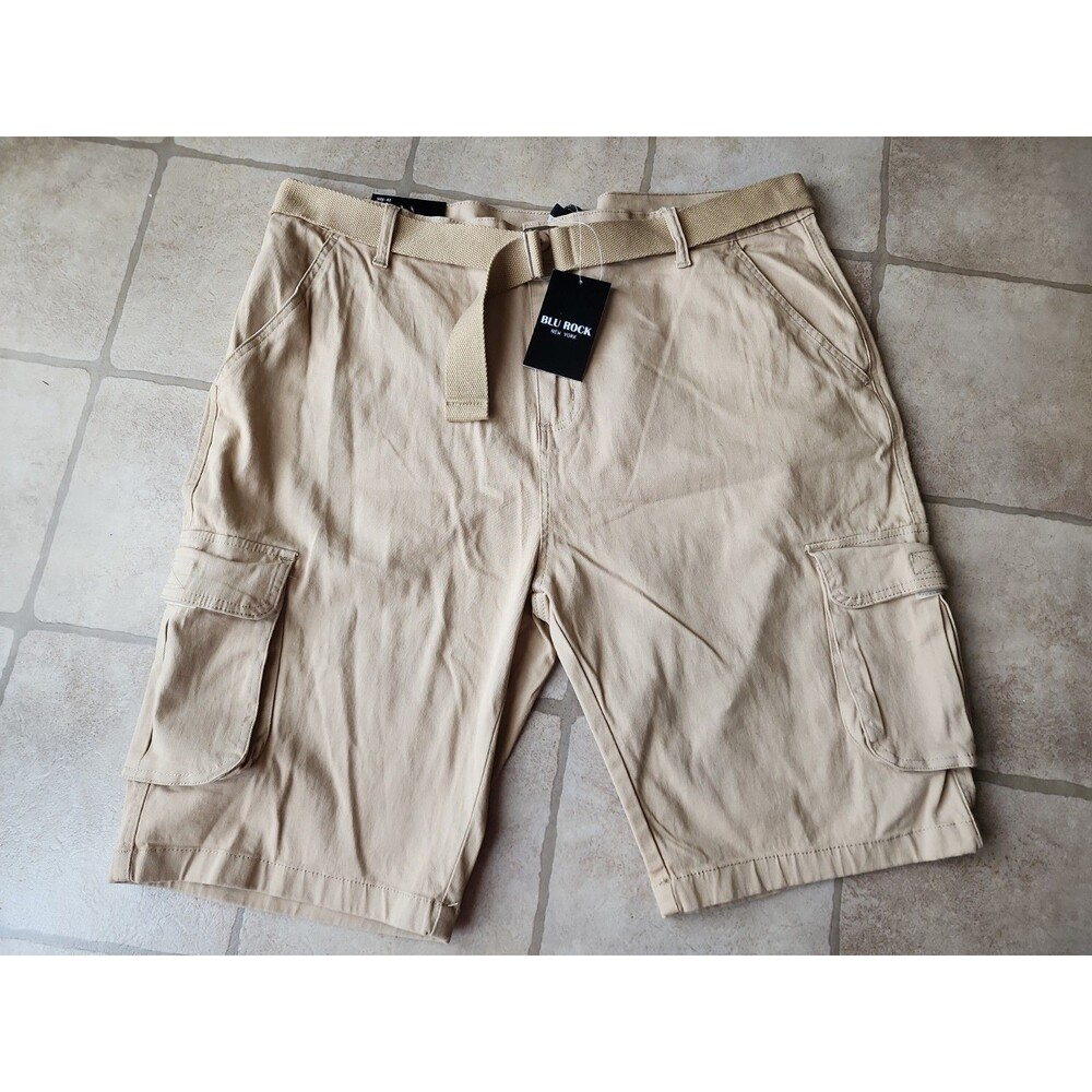 Blu Rock Mens Size 42 Khaki Stretch Belted 11" Inseam Cargo Shorts NWT